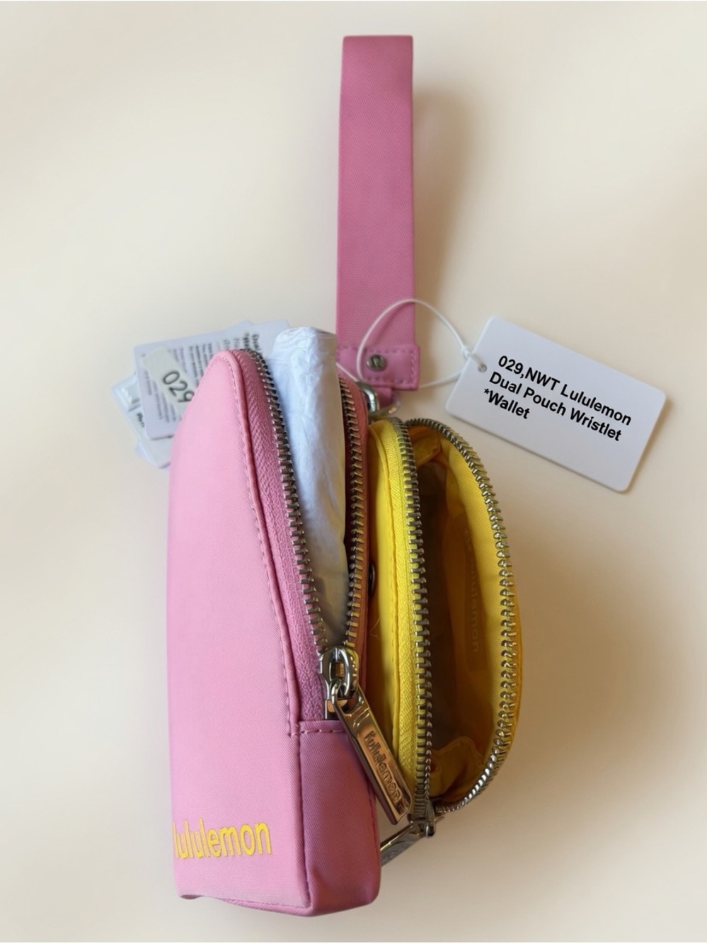 029,NWT Authentic lululemon pink and yellow dual pouch wristlet *Wallet. - Picture 10 of 10